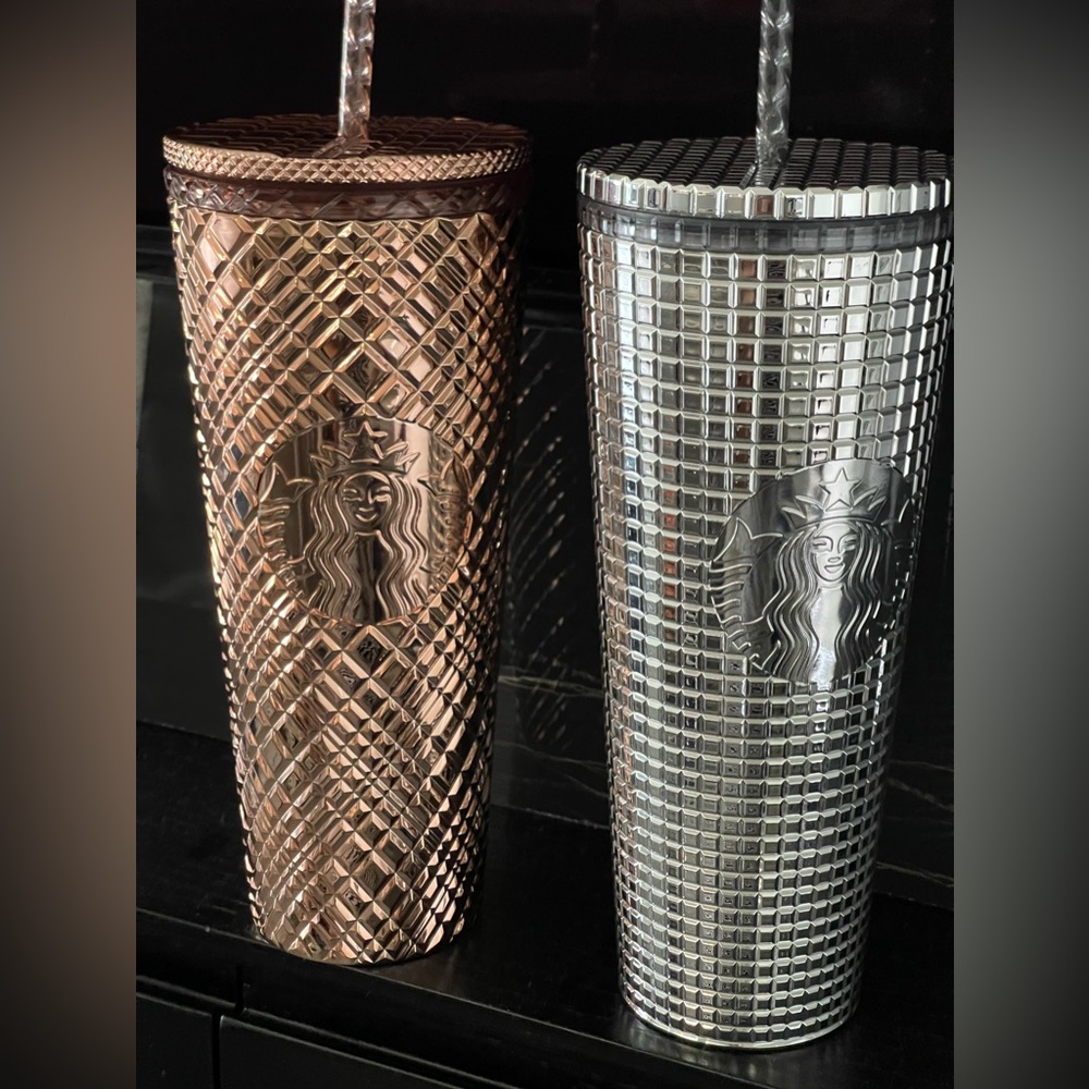 Rose Gold and Silver Starbucks 2023 Winter Holiday Tumbler Cold Cups 24 oz Venti